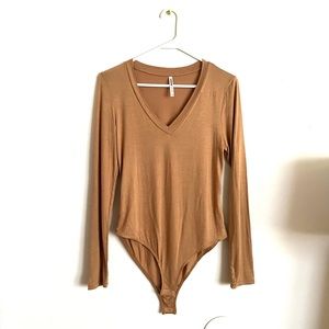 Mustard Yellow Lightweight Long Sleeve V Neck Bodysuit with Snaps